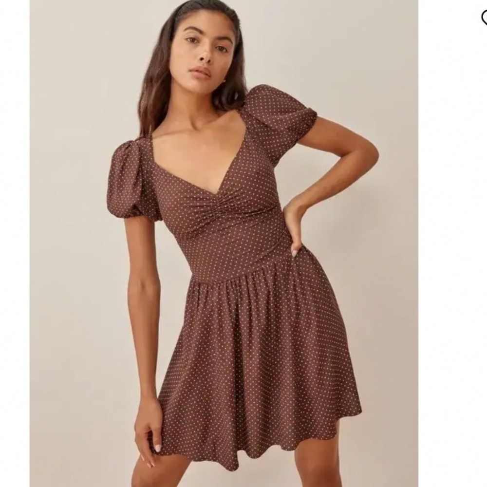 REFORMATION Ojai Dress In Brown Polka Dot Size 2
